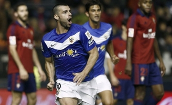 Almeria's forward Rodri celebrating his team's goal at El Sadar