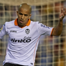 Feghouli celebrating Valencia's goal against Valladolid at Mestalla last November