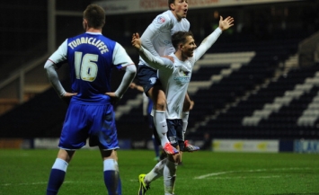 Joe Garner Celebrates a goal for Preston